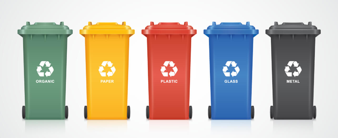 Different types of garbage bins for waste recycling