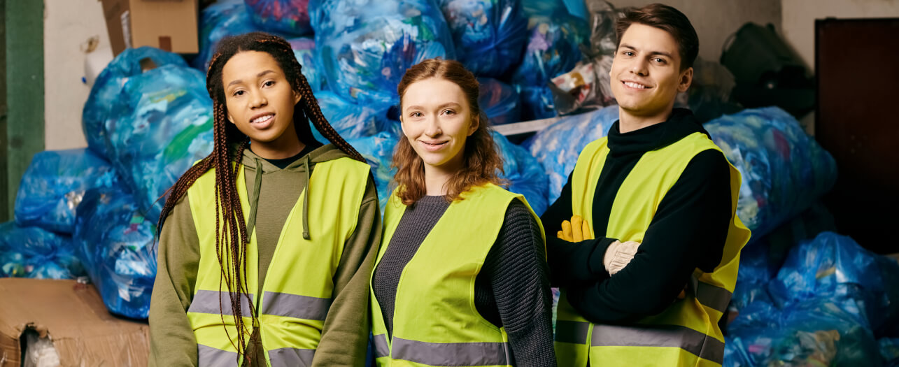 People in front of piles of waste for waste management