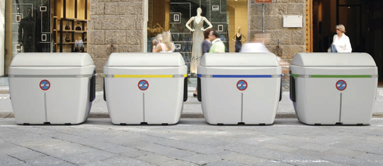 Row of waste bins in front of a clothing store 